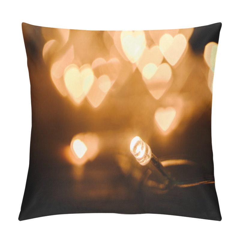 Personality  Close Up View Of Festive Garland And Hearts Bokeh Lights Backdrop Pillow Covers