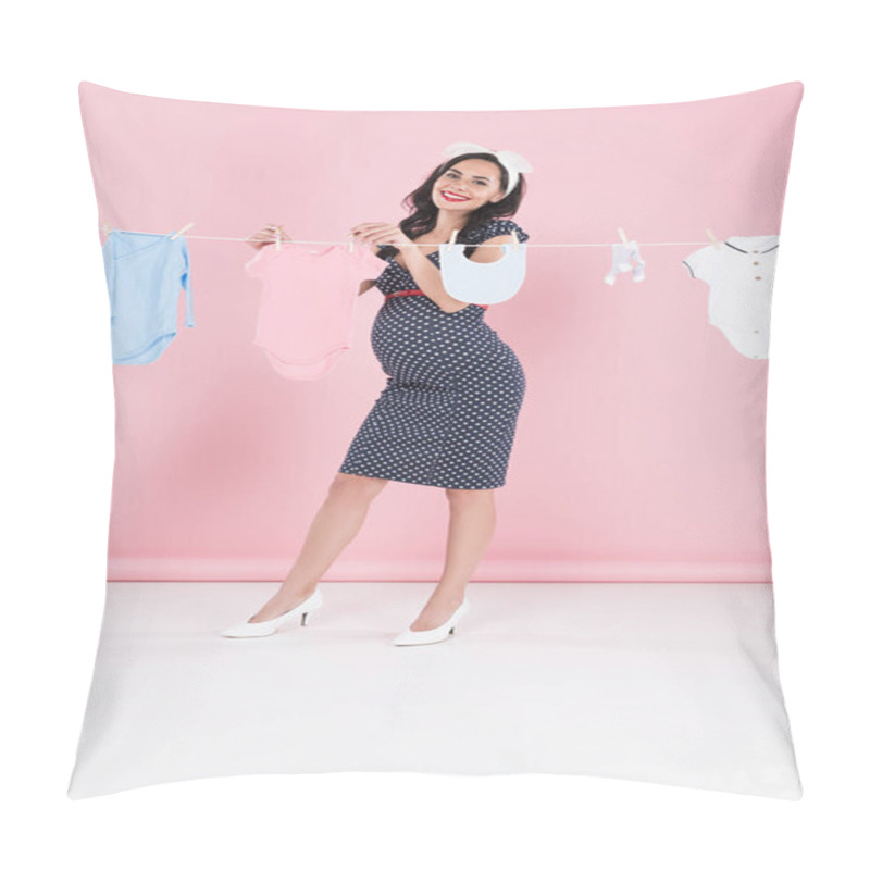 Personality  Full Length View Of Happy Pregnant Woman Hanging Out Baby Clothes On Pink Background Pillow Covers