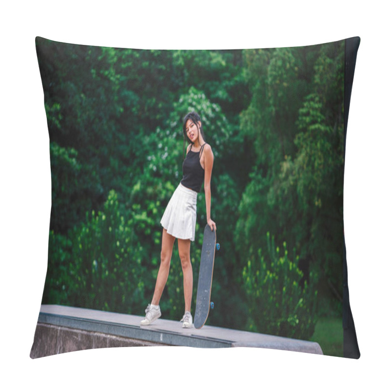 Personality  Portrait Of Asian Chinese Girl With Skate In Skatepark Pillow Covers