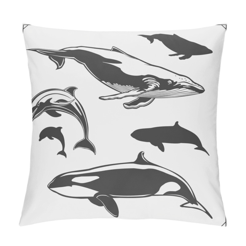 Personality  Vector Set Of Sea Animals. Dolphin, Grampus Silhouettes. Pillow Covers