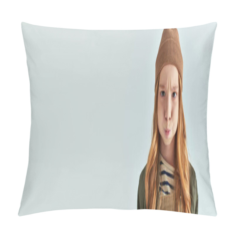 Personality  Displeased Preteen Girl In Stylish Winter Outfit With Knitted Hat Puffing Cheeks On Grey, Banner Pillow Covers