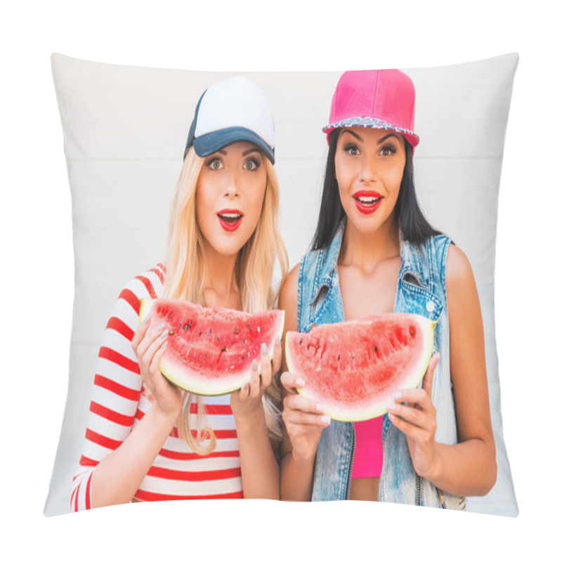 Personality  Surprised Women Holding Slices Of Watermel Pillow Covers