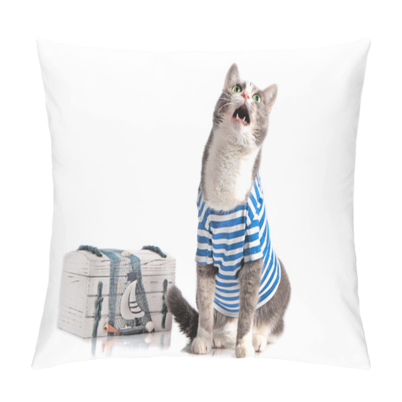 Personality  Grey Cat In Seaman Suit On Isolated Background With Chest Pillow Covers