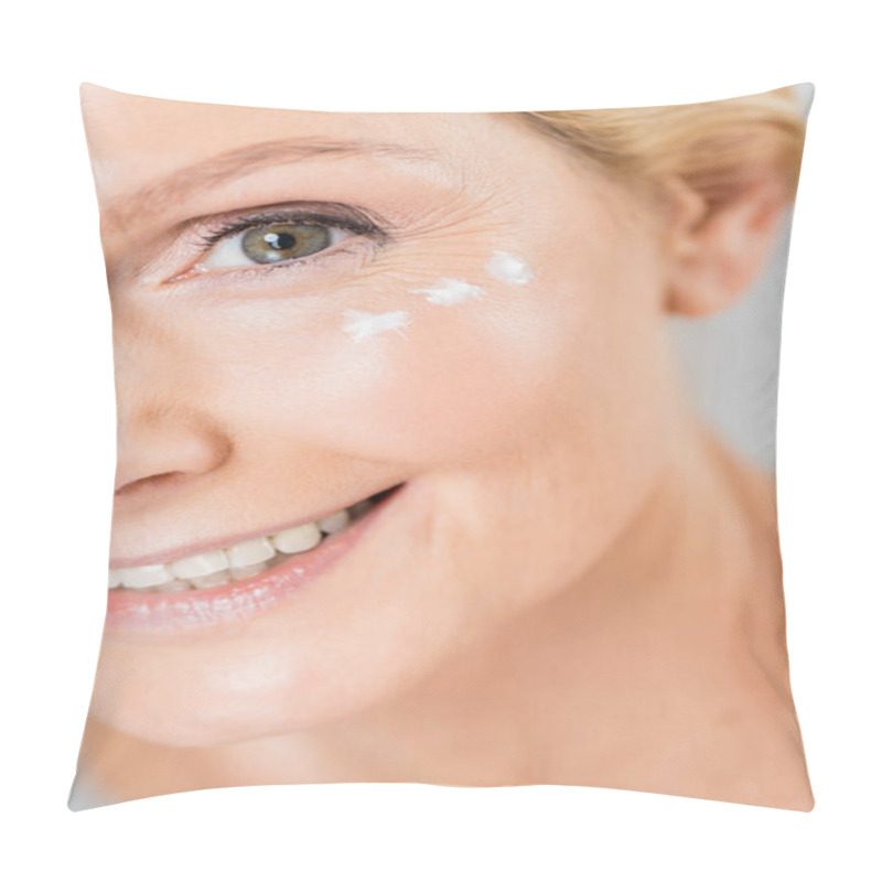 Personality  Selective Focus Of Beautiful And Mature Woman Looking At Camera With Cosmetic Cream On Face Isolated On Grey  Pillow Covers