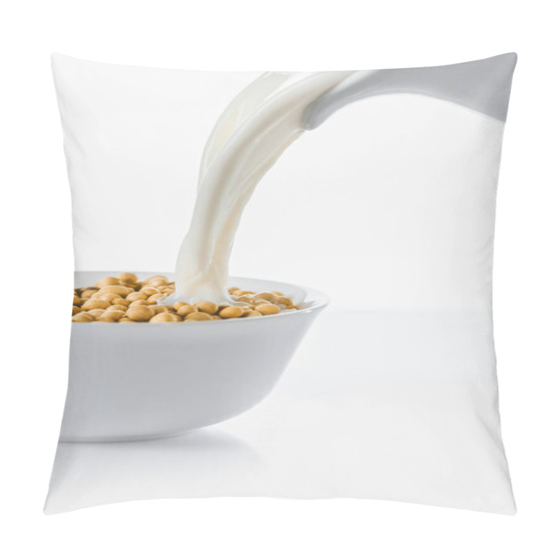 Personality  Milk Pouring From Jug In Bowl With Soybeans On White Background Pillow Covers