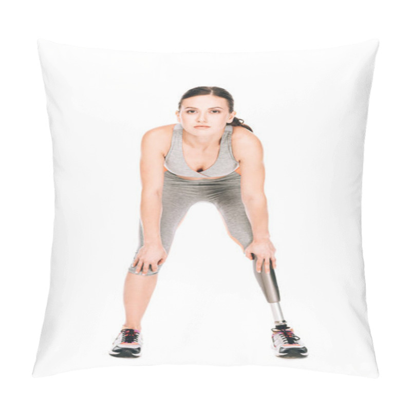 Personality  Front View Of Disabled Sportswoman With Prosthetic Leg Isolated On White Pillow Covers