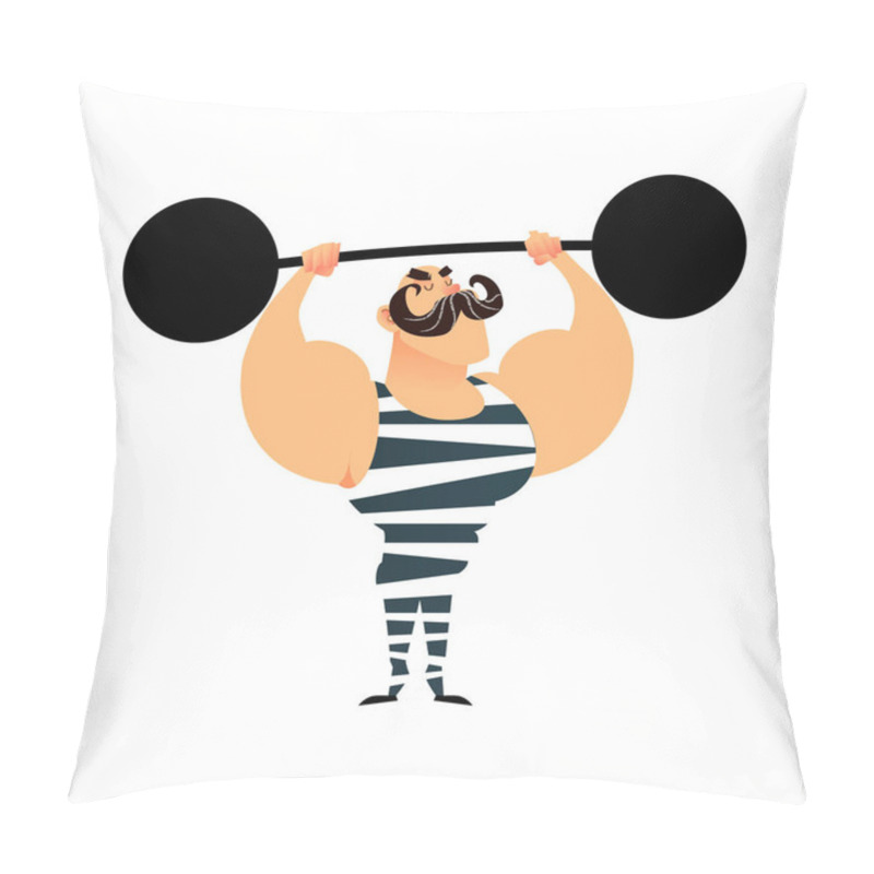 Personality  Funny Cartoon Circus Strong Man. A Strong Muscular Athlete Lifts The Barbell. Retro Sportsman With A Mustache. Flat Guy Character With Heavy Metal Barbell. Bodybuilder Pillow Covers