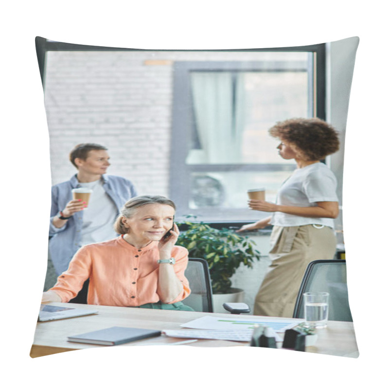 Personality  Devoted Businesswoman Talking On Phone While Using Laptop, With Her Diverse Colleagues On Backdrop. Pillow Covers