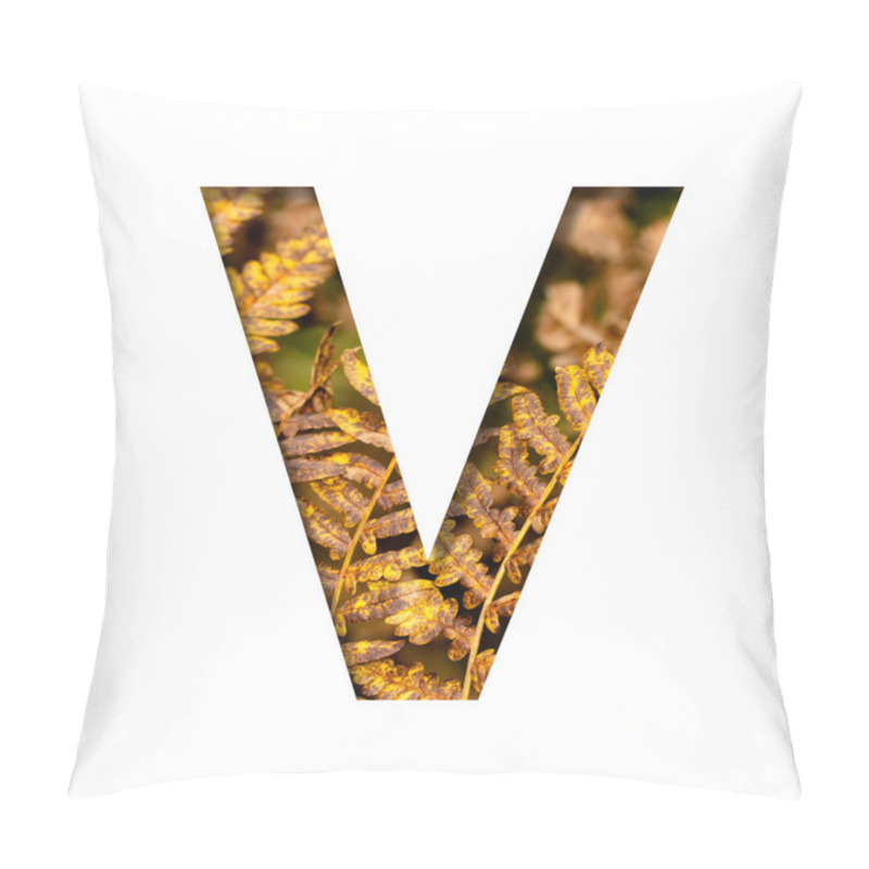 Personality  The Letter V Is Cut From White Paper With Autumn Fern Leaves Background, Late Autumn Font Or Alphabet. Collection Of Decorative Fonts. Pillow Covers