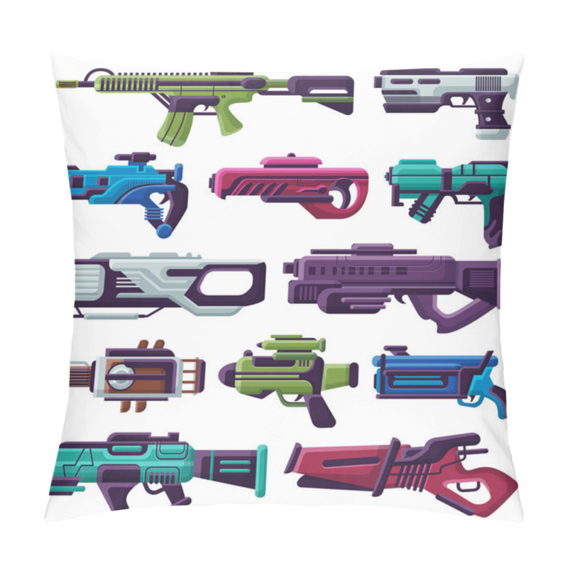 Personality  Weapon Vector Spacegun Blaster Laser Gun With Futuristic Handgun And Raygun Of Aliens In Space Illustration Set Of Child Pistols Isolated On White Background Pillow Covers