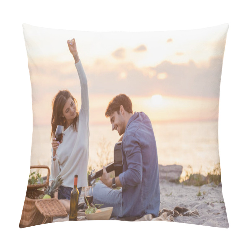 Personality  Selective Focus Of Woman Holding Glass Of Wine Near Boyfriend Playing Acoustic Guitar During Picnic On Beach  Pillow Covers