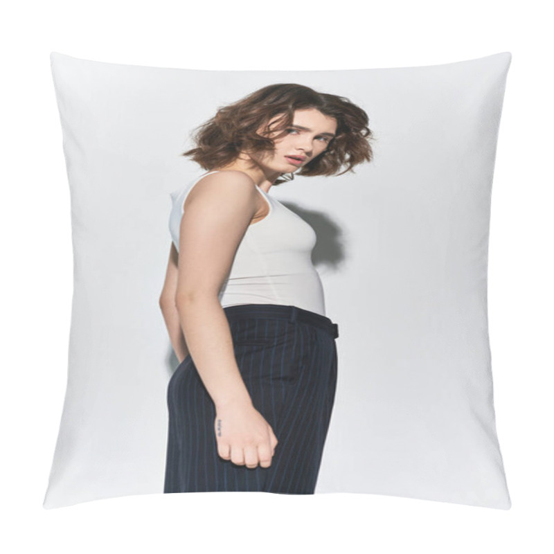 Personality  A Young, Pretty Woman Poses Elegantly In A White Tank Top And Black Pants Against A Grey Studio Backdrop. Pillow Covers