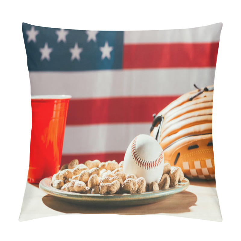 Personality  Close-up View Of Baseball Ball And Glove, Peanuts And Red Plastic Cup Pillow Covers