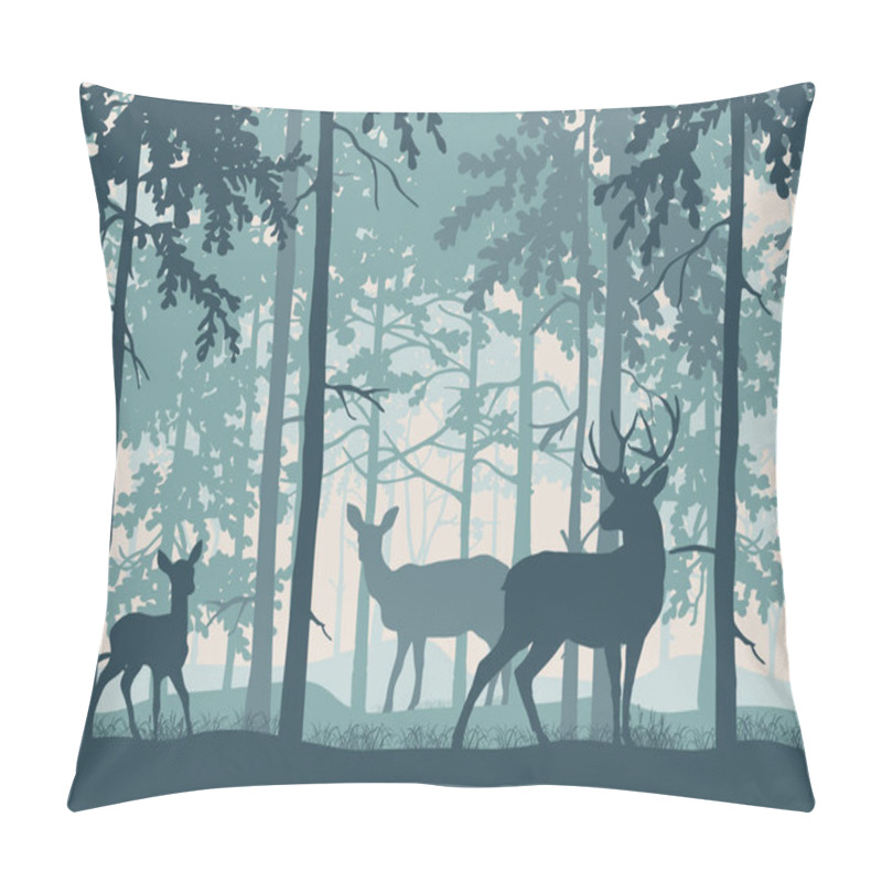 Personality  Deer With Doe And Fawn In Magic Misty Forest. Silhouettes Of Trees And Animals. Blue Background, Illustration. Pillow Covers