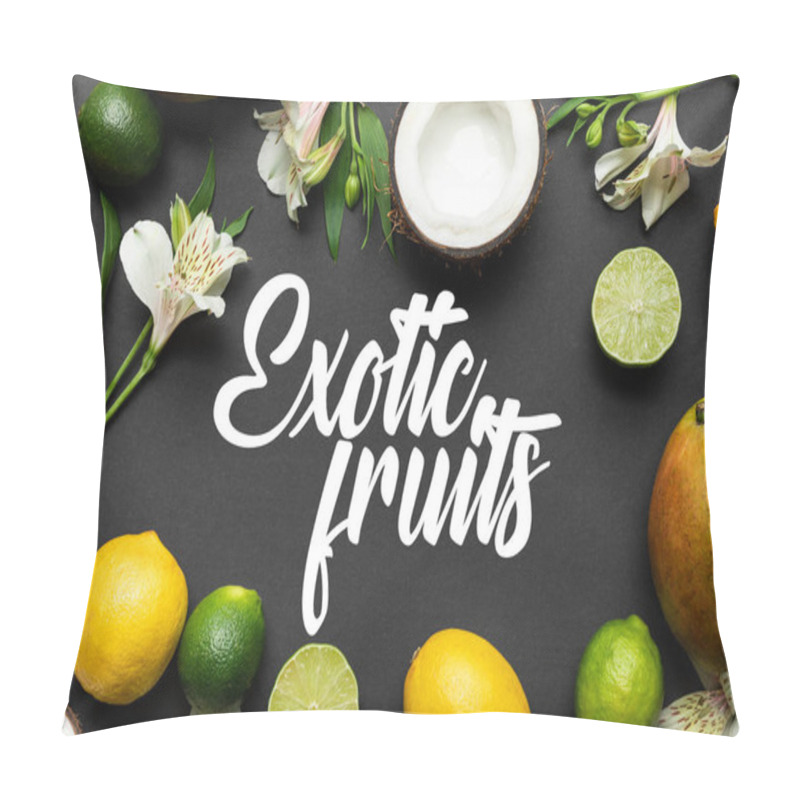 Personality  Top View Of Ripe Tropical Fruits With Alstroemeria Flowers On Black Background With Exotic Fruits Illustration Pillow Covers