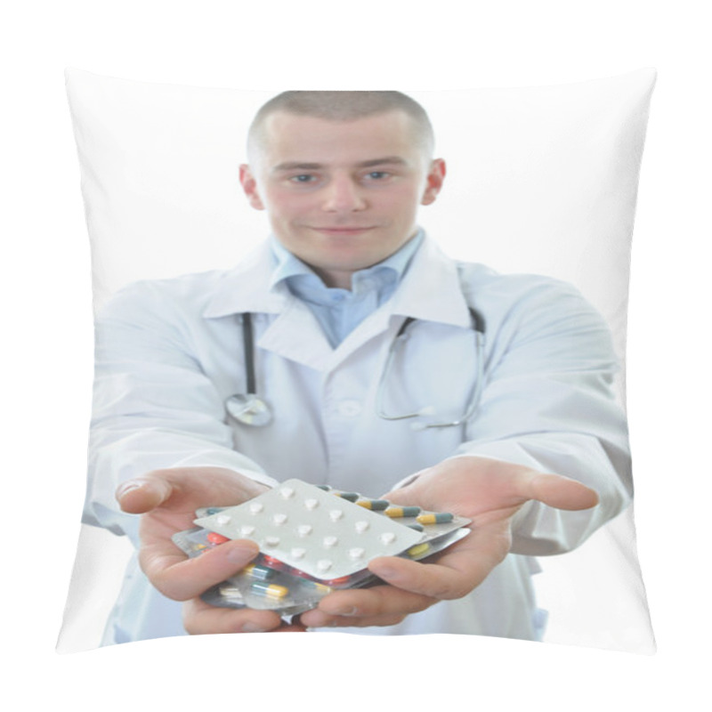 Personality  Young Doctor Offering Many Drugs Isolated Pillow Covers