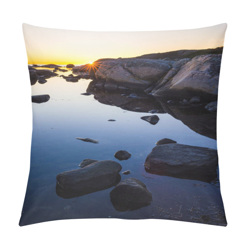 Personality  As The Sun Sets Over Sweden's Coast, The Sky Glows With Warm Hues While Light Dances On Smooth Waters And Jagged Rocks, Creating A Tranquil Atmosphere. Pillow Covers