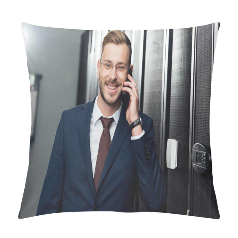 Personality  Cheerful Businessman In Glasses Talking On Smartphone In Server Room  Pillow Covers