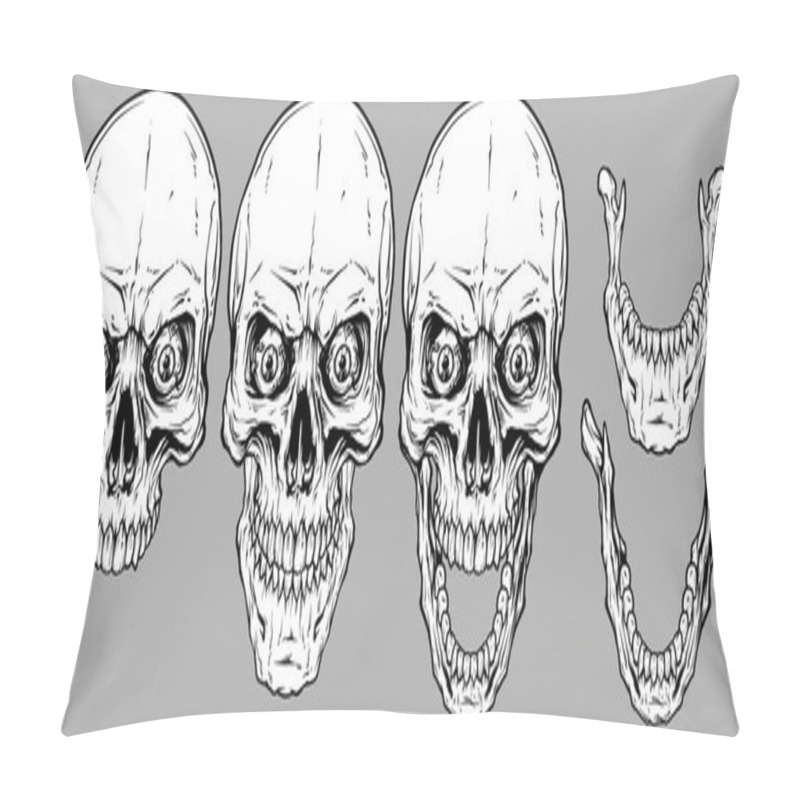 Personality  Detailed Graphic Realistic Cool White Human Skulls With Crazy Eyes And Lower Jaws. On Gray Background. Vector Icon Set. Pillow Covers