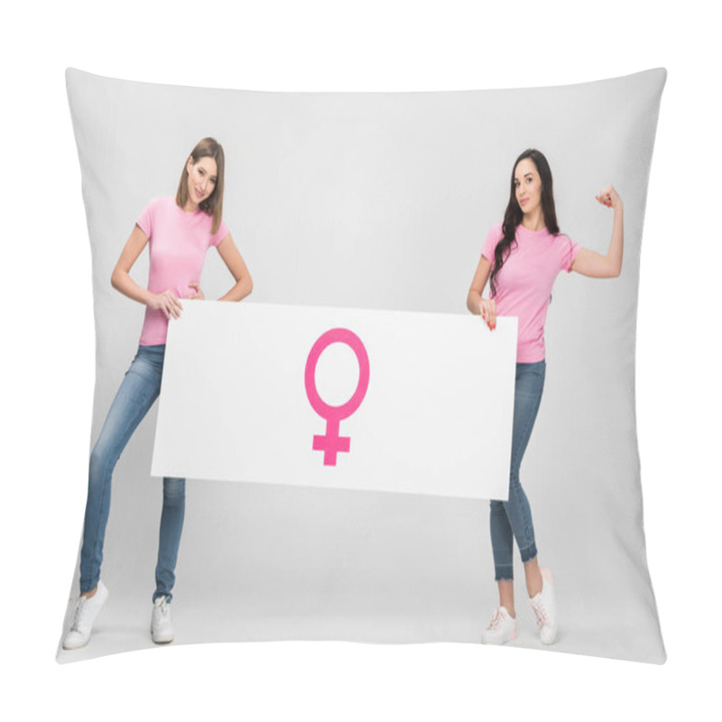 Personality  Beautiful Woman Showing Muscle And Holding Large Sign With Female Symbol With Friend On Grey Background Pillow Covers