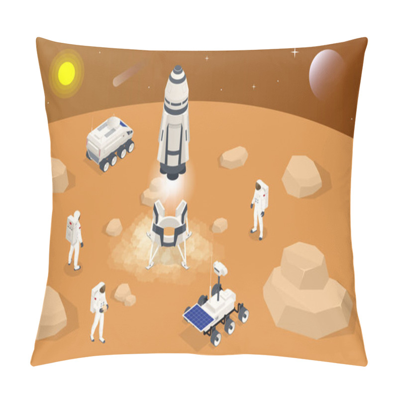 Personality  Isometric Rocket Take-off Or Landing On Mars. Mars Colonization, Biological Terraforming, Paraterraforming, Adapting Humans On Mars. Astronautics And Space Technology. Pillow Covers