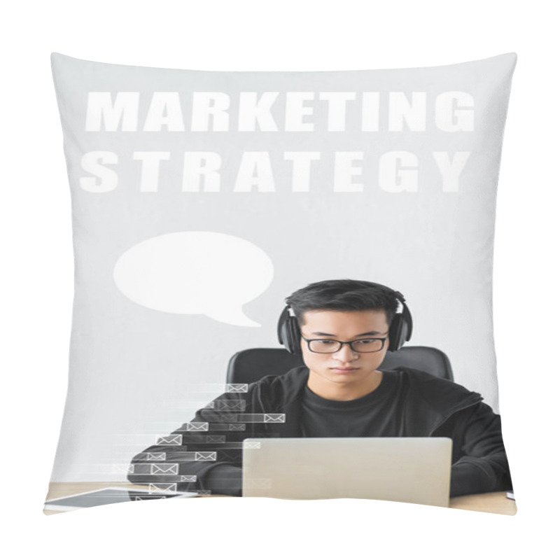 Personality  Asian Seo Manager Using Laptop And Sitting Near Marketing Strategy Illustration Pillow Covers