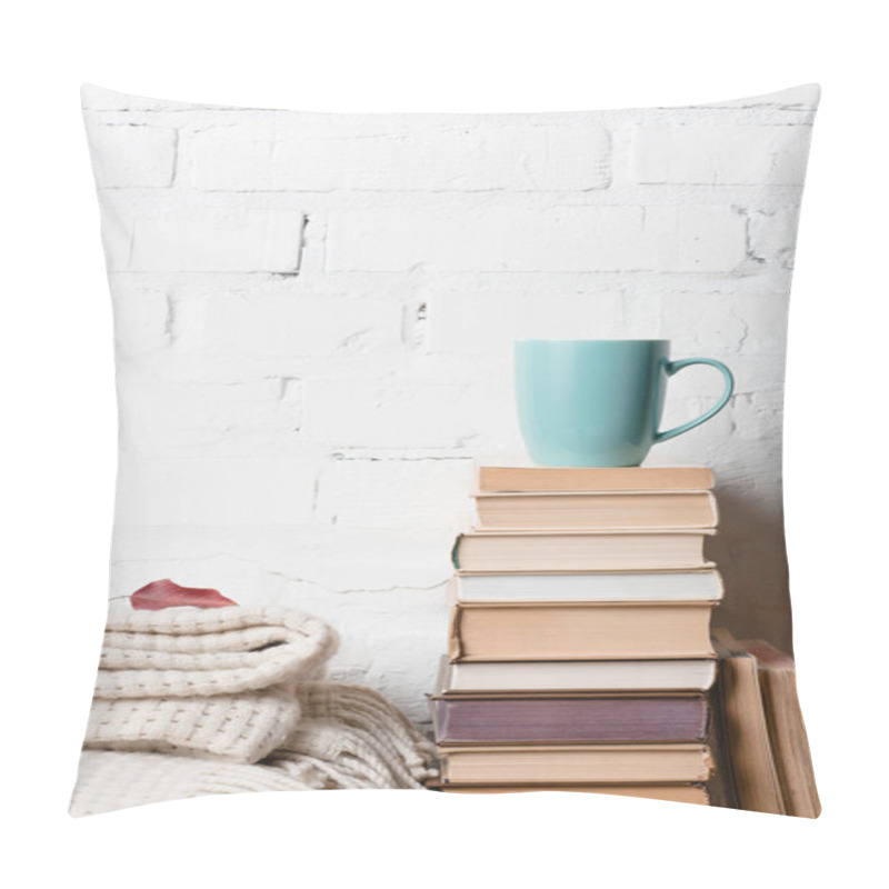 Personality  Pile Of Books, Blanket With Autumn Leaf And Cup Of Hot Beverage Near White Brick Wall Pillow Covers