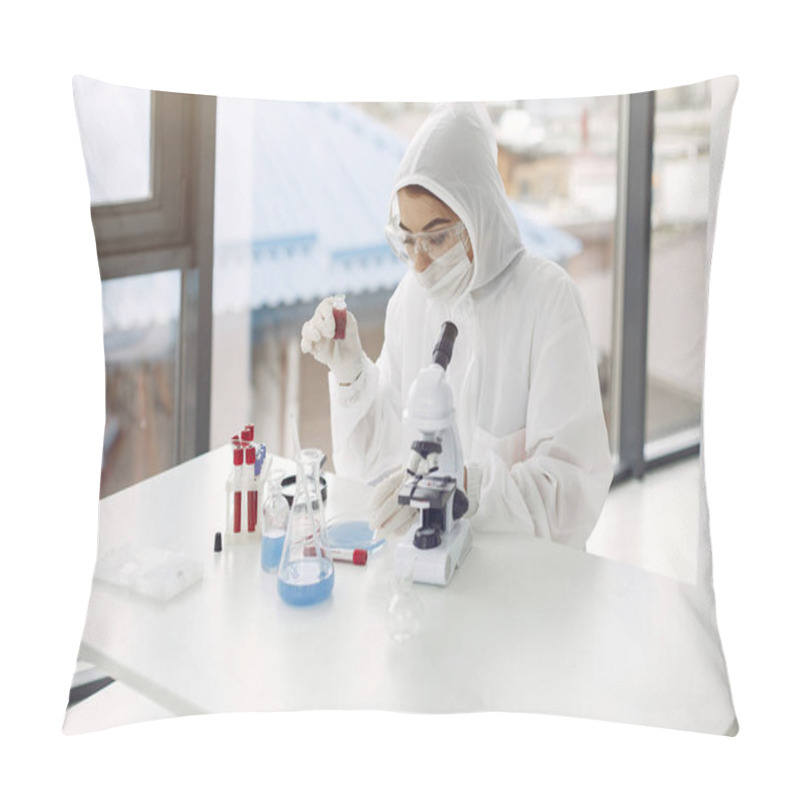 Personality  Laboratory Worker In Coverall Suit Is Adjusting Microscope Pillow Covers