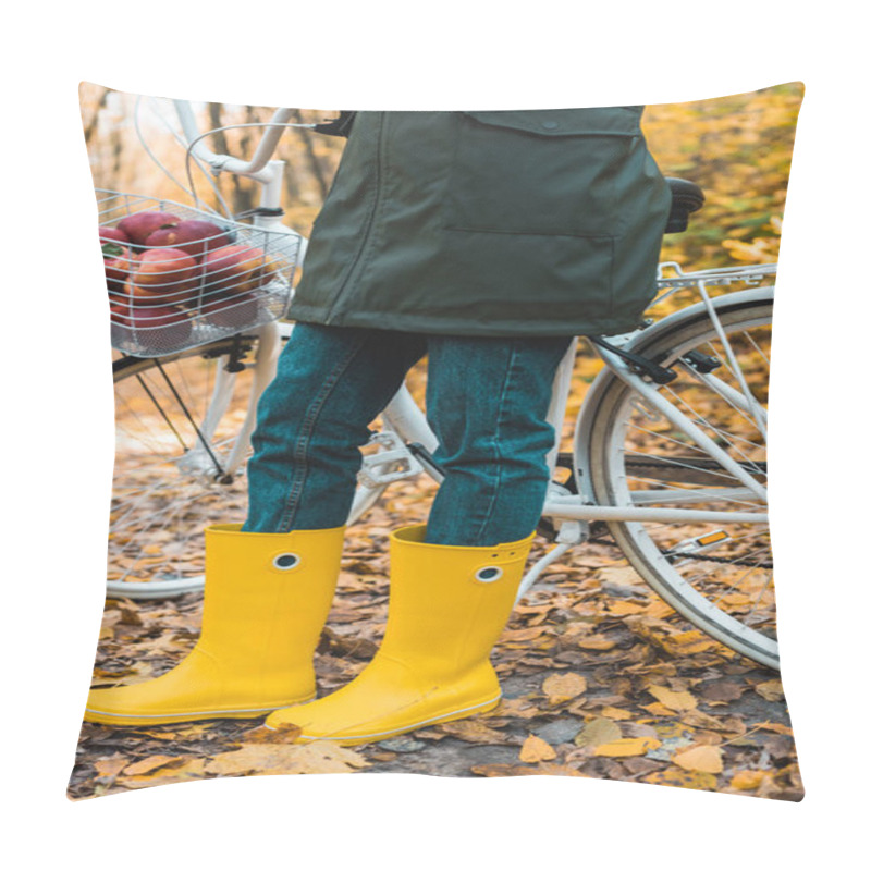 Personality  Cropped Image Of Woman In Yellow Rubber Boots Standing Near Bicycle With Basket Full Of Apples In Autumnal Forest  Pillow Covers