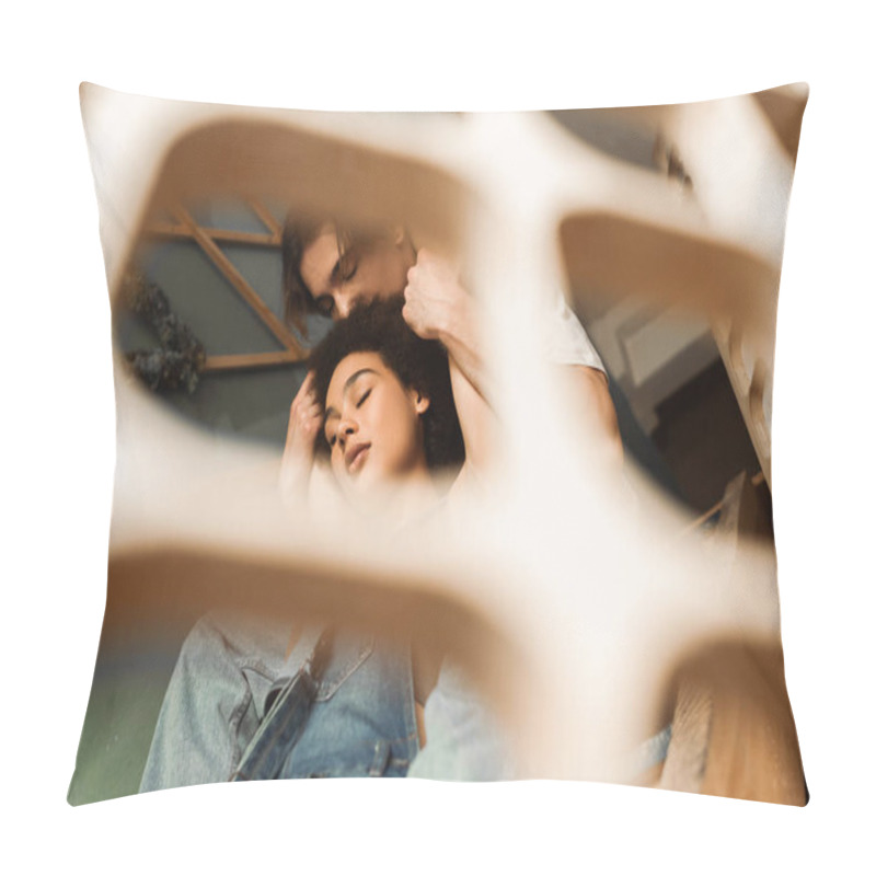 Personality  Low Angle View Of Sensual Interracial Couple With Closed Eyes Holding Hands Near Blurred Decorative Lattice Pillow Covers