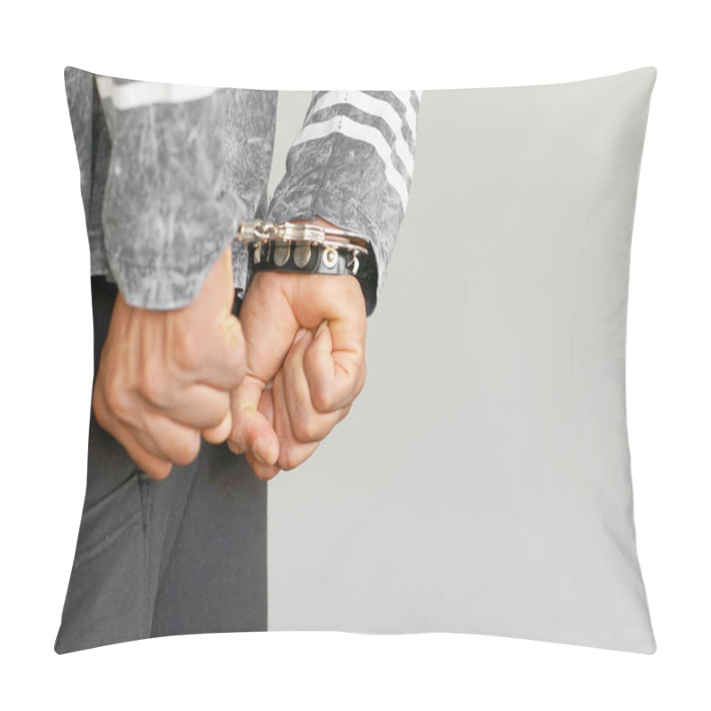 Personality  Criminal Hands Locked In Handcuffs. Close-up View Pillow Covers