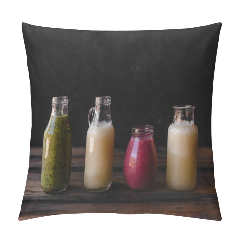 Personality  Set Of Bottles With Fresh Healthy Smoothies On Rustic Table Pillow Covers