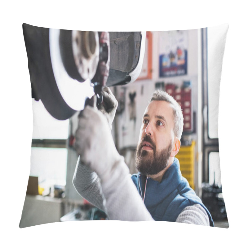 Personality  Man Mechanic Repairing A Car In A Garage. Pillow Covers