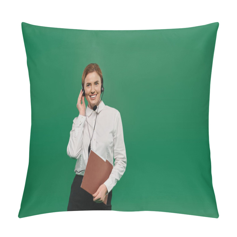 Personality  A Woman In Formal Attire Interacts With Clients, Showcasing Professionalism In A Dynamic Call Center Environment. Pillow Covers