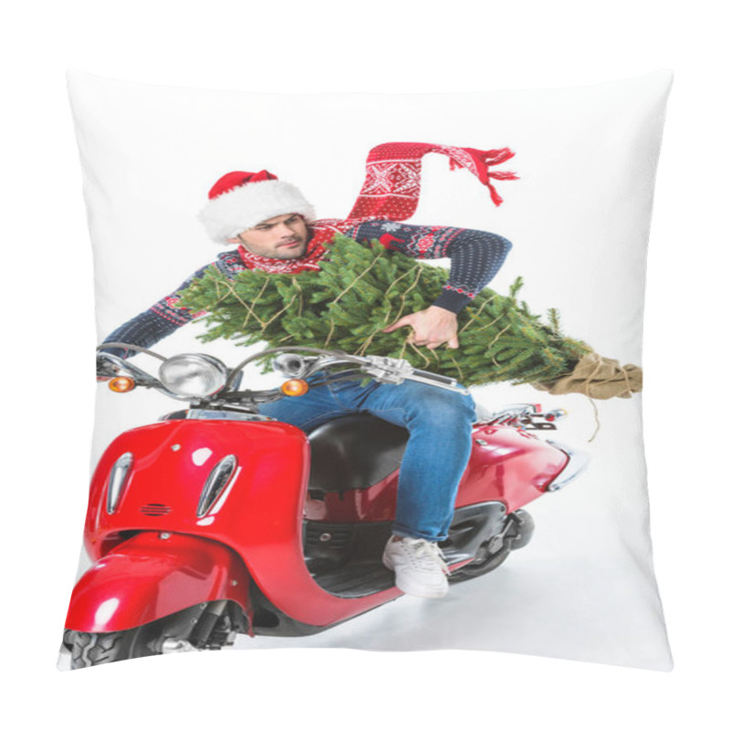 Personality  Man In Santa Hat And Scarf Holding Christmas Tree While Riding Red Scooter, Isolated On White Pillow Covers