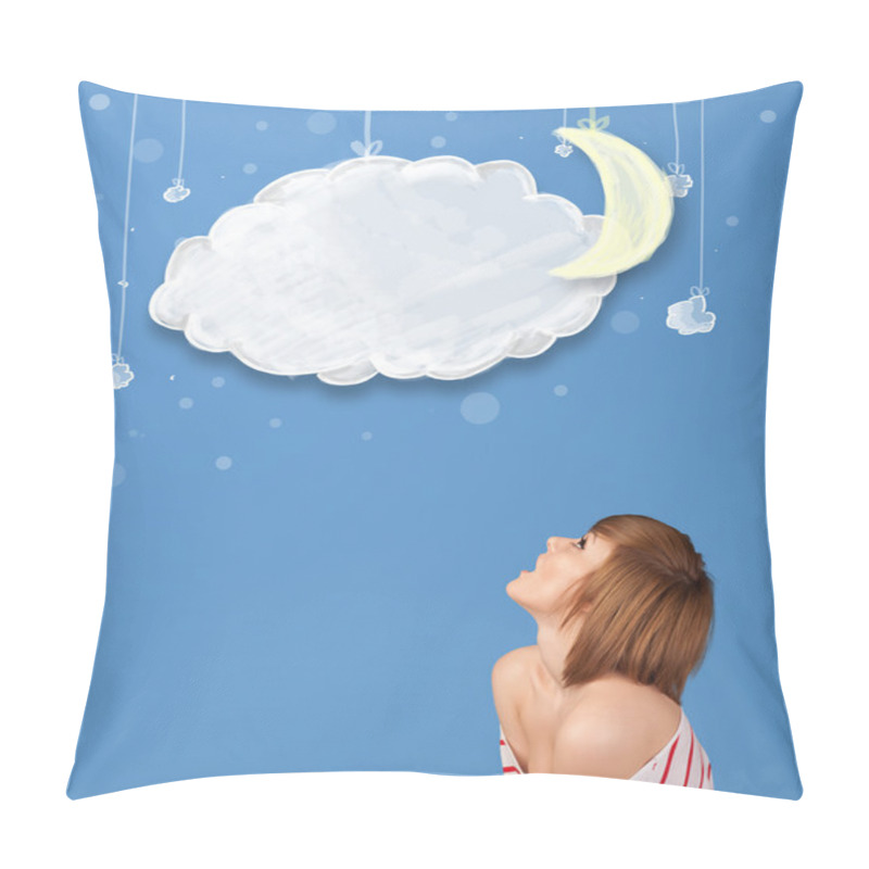 Personality  Young Girl Looking At Cartoon Night Clouds With Moon Pillow Covers