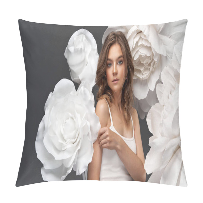 Personality  Fashion Photo Of Beautiful Young Woman With White Flowers  Pillow Covers