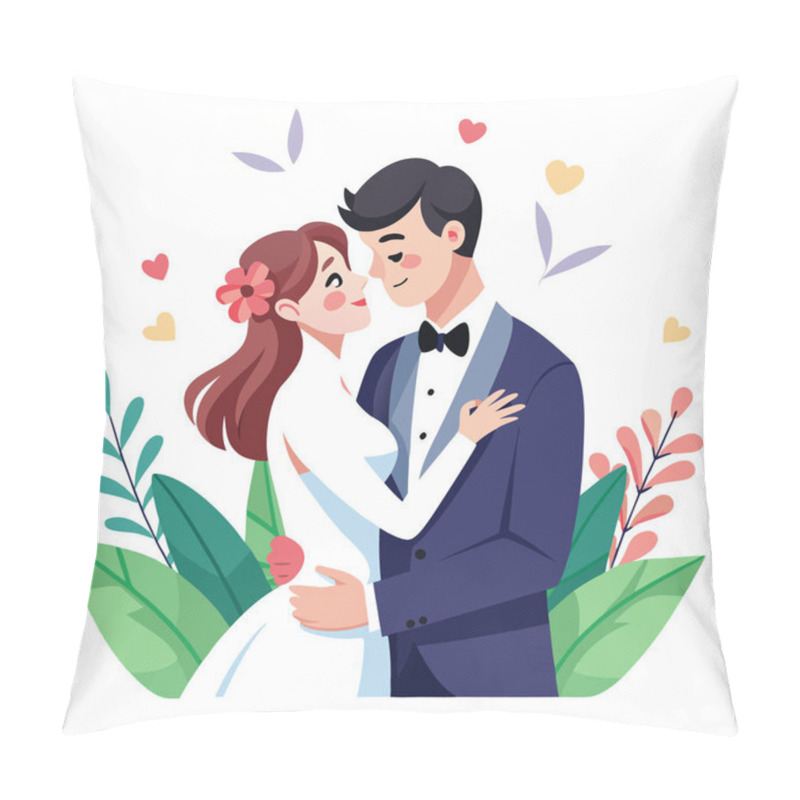 Personality  Cute Newlywed Couple In Love Floral Wedding Illustration In Flat Style Pillow Covers