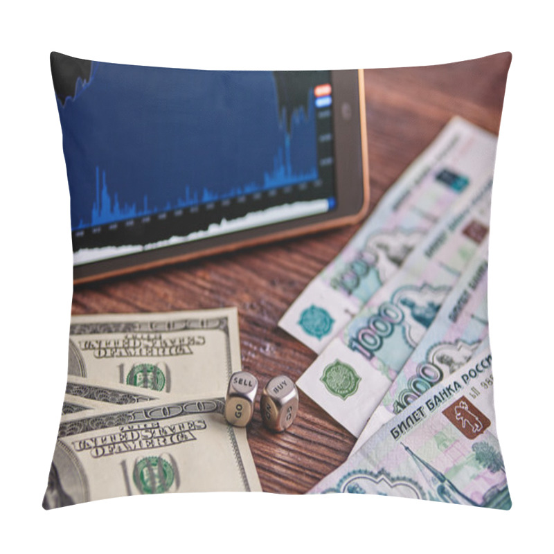 Personality  USD, Russian Rouble Banknotes, Dices Cubes, Financial Chart, Tab Pillow Covers