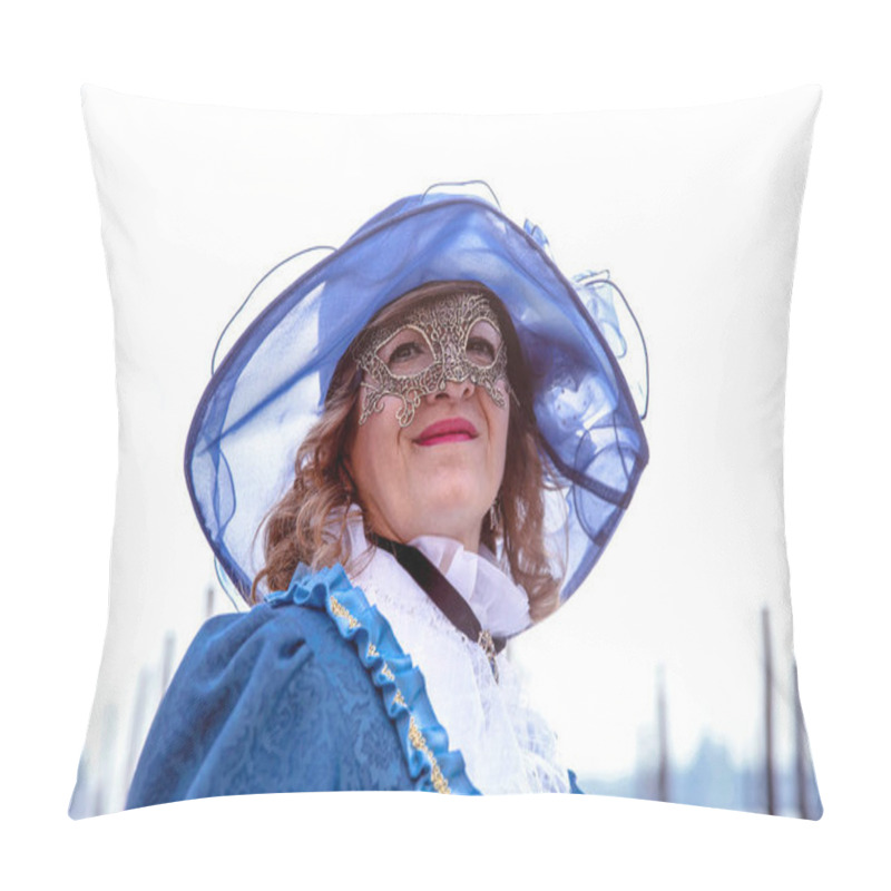 Personality  Caucasian Mature Woman In Blue Historical Costume And Mask Outdo Pillow Covers