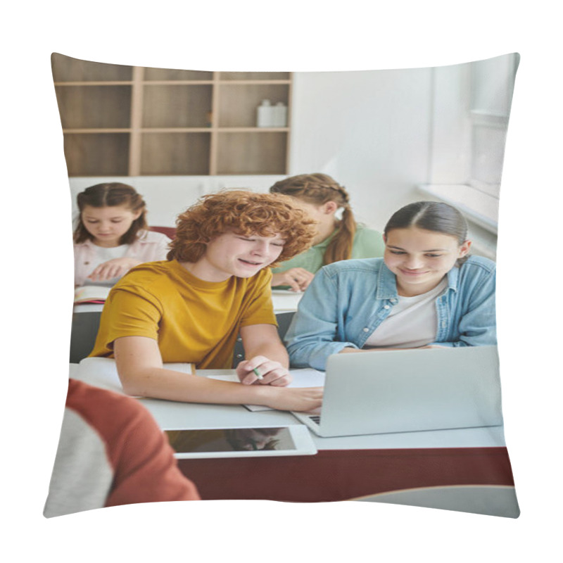 Personality  Smiling Teenage Classmates Using Laptop Together Near Notebooks During Lesson In Classroom In School Pillow Covers