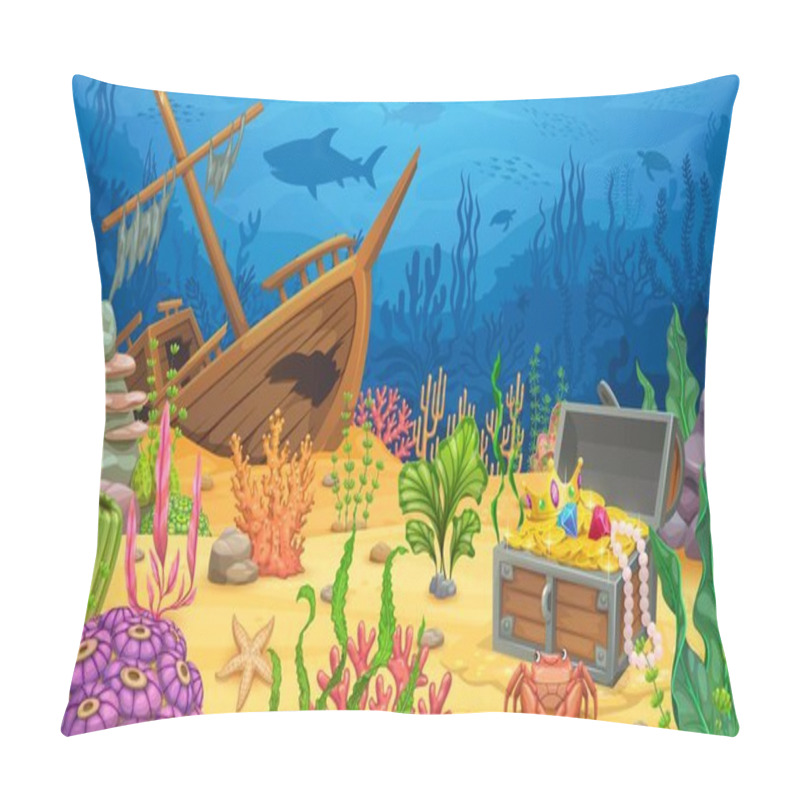 Personality  Underwater Game Landscape, Sunken Ship And Treasure Chest. Cartoon Vector Ocean World Level, Parallax Background With Shipwreck Boat, Pirate Loot Trunk, Fish, Coral Reef, And Seaweeds On Sea Bottom Pillow Covers