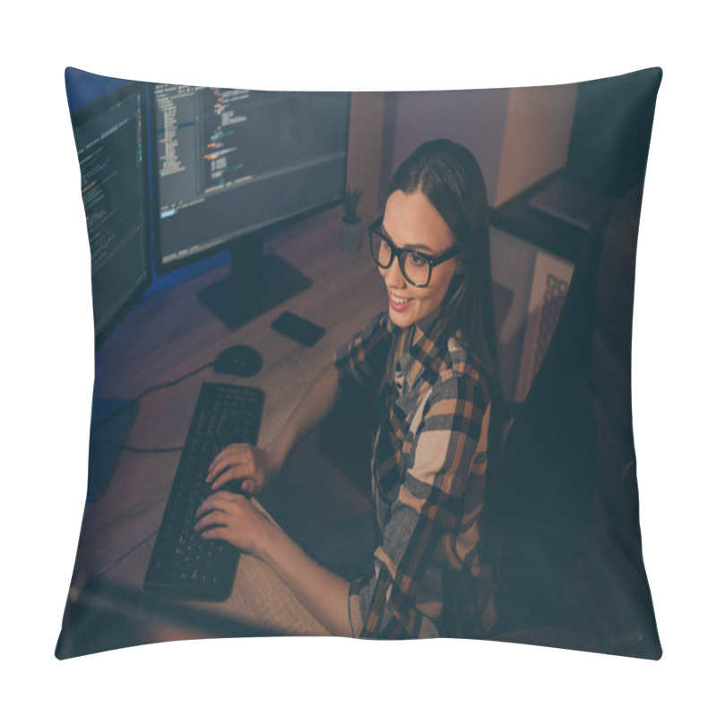 Personality  Top Above High Angle View Photo Of Cheerful Cute Woman Finishing Debugging Software Supporting To Lead Development Team Pillow Covers