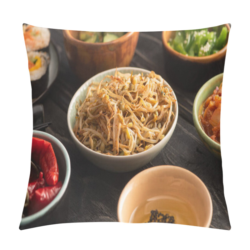 Personality  Selective Focus Of Mung Beans Near Pickled Chili Peppers, Sesame In Oil And Side Dishes On Wooden Surface Pillow Covers