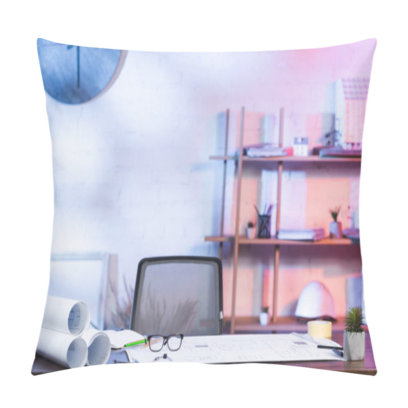 Personality  Blueprints And Eyeglasses On Desk In Architectural Agency Pillow Covers