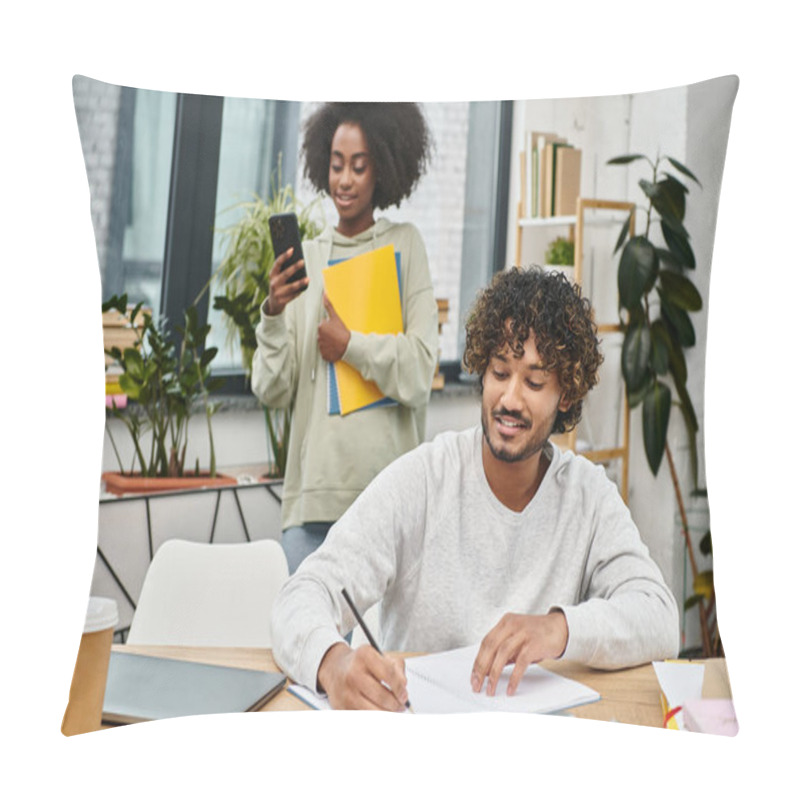 Personality  A Man And A Woman Of Different Cultures Sit At A Table In A Modern Coworking Space, Engaged In A Conversation. Pillow Covers