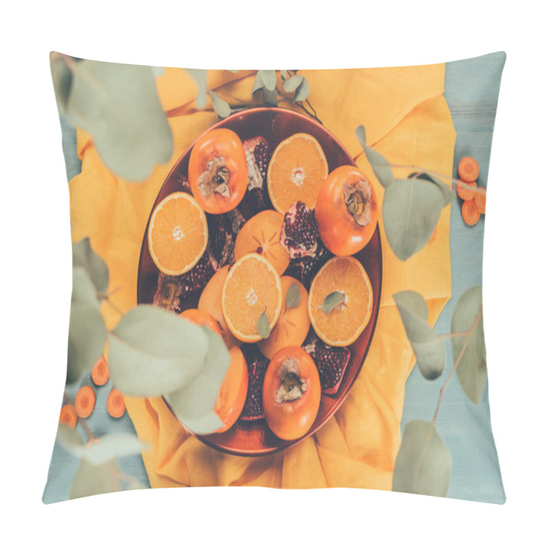 Personality  Top View Of Leaves Falling On Fruits On Plate Pillow Covers