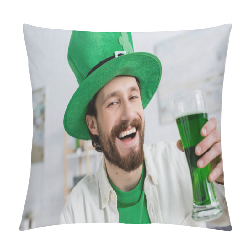 Personality  Cheerful Man In Saint Patrick Hat Holding Green Beer And Looking At Camera At Home  Pillow Covers