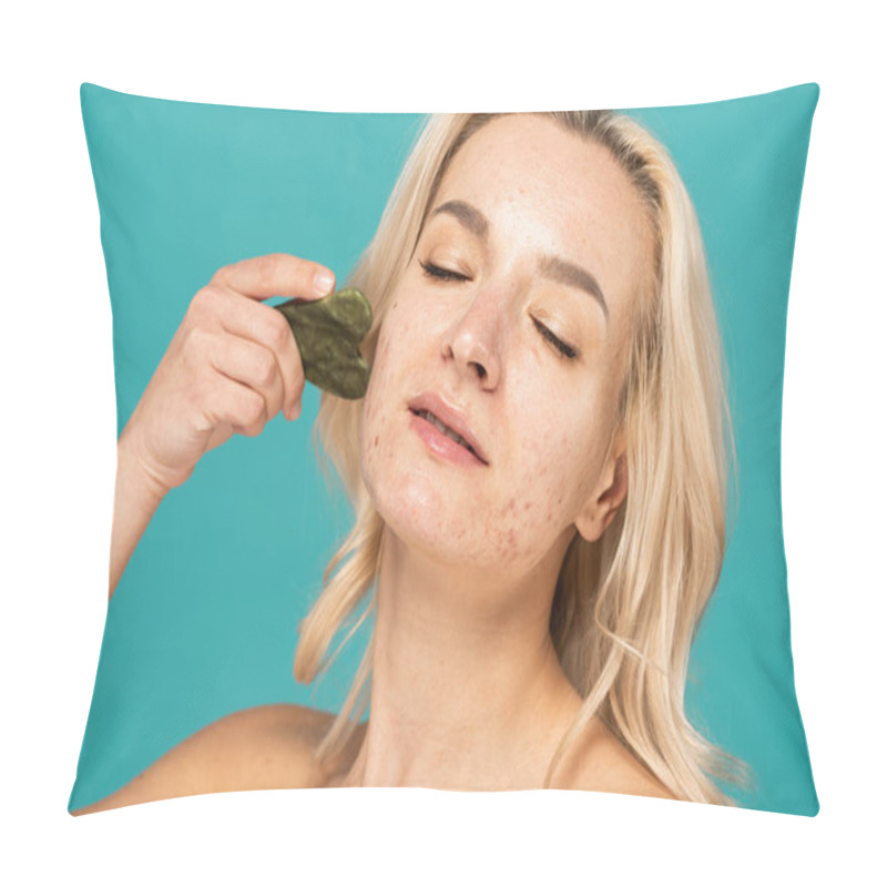 Personality  Blonde Woman With Acne Massaging Face With Jade Face Scraper Isolated On Turquoise Pillow Covers