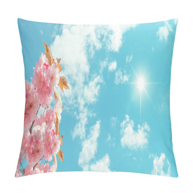 Personality  Fresh Pink Flowers And Sunny Blue Sky. 3d Ceiling Photo. Bottom Up Of View Flower And Sky At Spring Season Pillow Covers